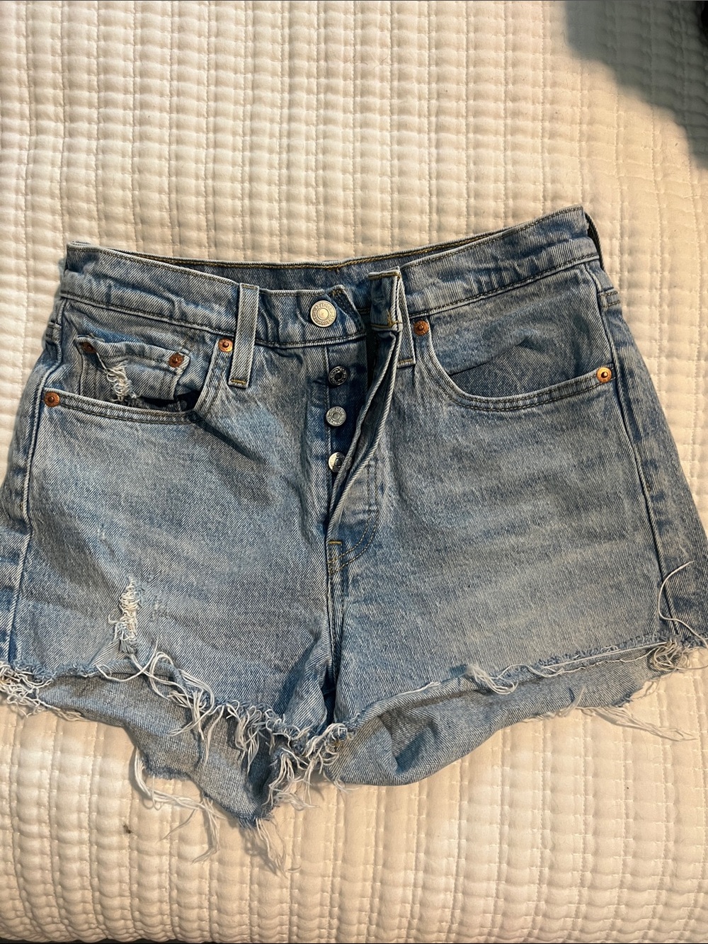Levi's Light Blue Distressed High-Rise Denim Shorts
